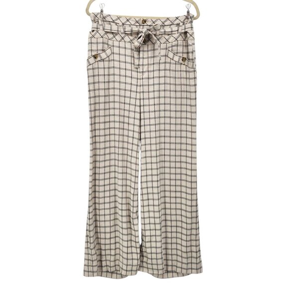 Anthropologie Pants - By Anthropologie Womens 8 Pants Windowpane Trousers Wide Leg Linen Blend Ivory
